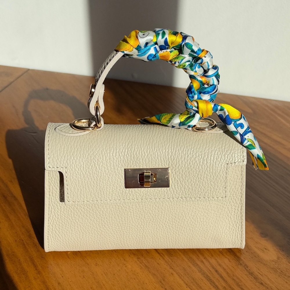 VLDA Italian leather Cream Top-Handle Women's Bag with Floral Scarf Accent